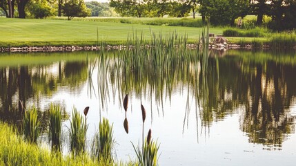 Obraz premium Dense reeds growing at the edge of a lake, their tall stalks swaying gently in the breeze