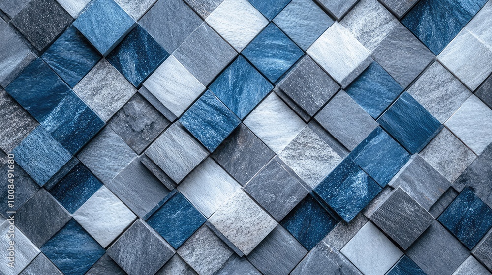 Poster a series of overlapping squares in varying shades of gray and blue, forming a geometric pattern that