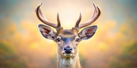 Fototapeta premium A Curious Deer Gazing Through a Warm, Blurry Landscape, Its Antlers Branching Out Like a Crown of Nature's Grace