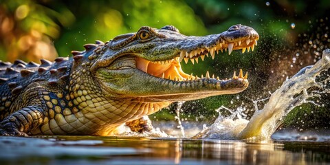 Fototapeta premium Dramatic Close-Up of a Crocodile Launching an Attack in a Natural Habitat Environment