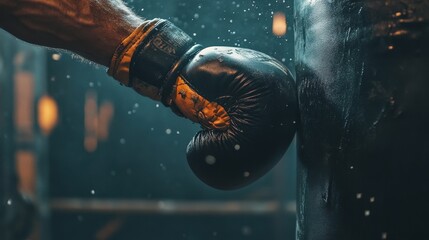 The boxer focuses intensely as their gloved hand makes contact with the heavy bag, showcasing strength and determination during training in a gritty environment