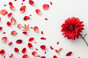 Vibrant red dahlia surrounded by scattered petals in a floral flat lay showcasing bold beauty and nature-inspired design






