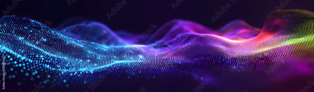 Poster big data visualization. the musical stream of sounds. abstract background with interweaving of dots 