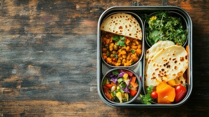 Healthy Indian school tiffin box with chapati, dal, and salad, with ample space for copy.