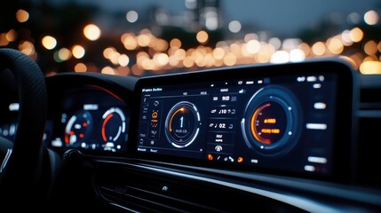 Electric car dashboard showing range, battery status, and futuristic interface, highlighting cutting-edge technology -