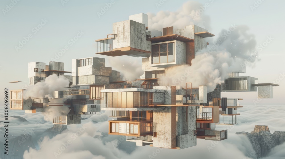 Poster abstract floating architectural structures in the clouds
