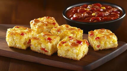 Golden cornbread slices served as a side dish on a rustic wooden board next to a bowl of chili