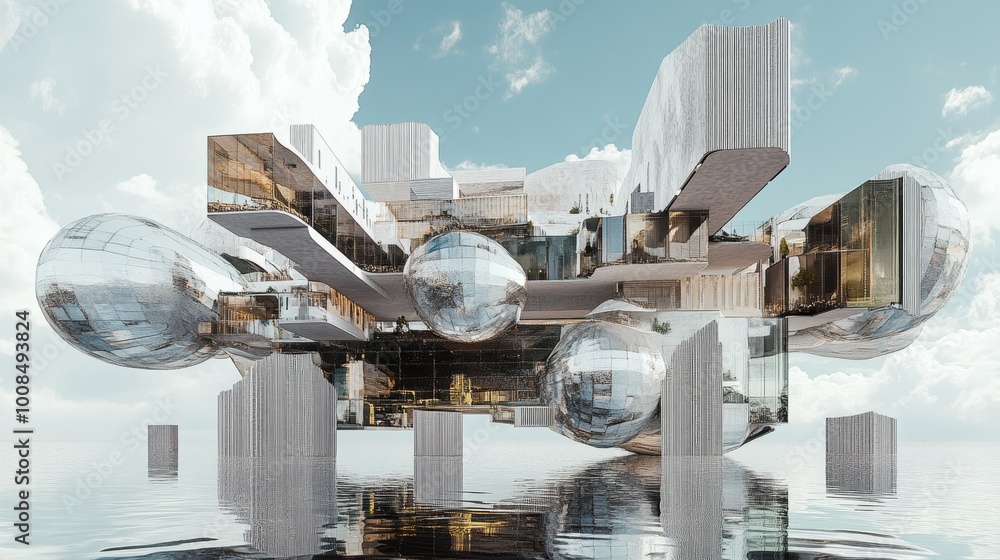 Poster abstract floating architectural structures in calm waters