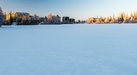 Winter morning on Strbske pleso in High Tatras mountains in Slovakia