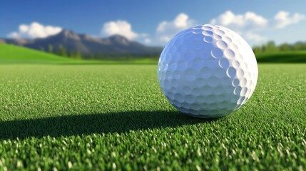 Obraz premium Golf ball positioned on the tee box with a beautiful mountainous backdrop on a pristine course 2b