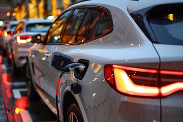 White electric car charging at station with evening city lights in background. Close up, copy space. Illuminated vehicle, modern technology. Sustainable urban transportation and energy efficiency