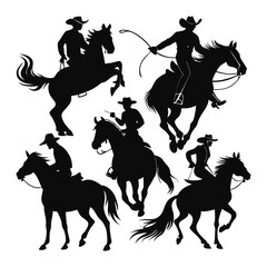 A set of dynamic, black silhouette illustrations of cowboys riding horses. Hand drown horse vector.