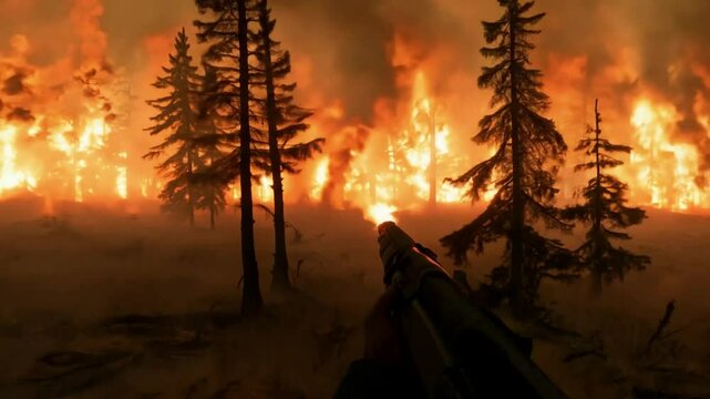 Burning wildfire forrest. pov style. Generative AI