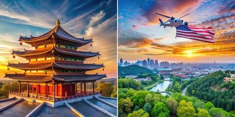 Fototapeta premium Dynamic Comparison of China and USA with Symbols Representing Economic and Cultural Aspects