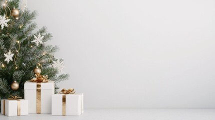 Cozy Holiday Retreat, a festive scene showcasing a beautifully adorned Christmas tree beside a warm fireplace, minimalist decor creating a serene atmosphere, inviting festive cheer.