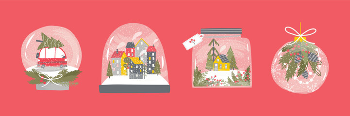 Set with snow globes in flat style. Winter, holidays, Christmas. Hand drawn vector illustration.