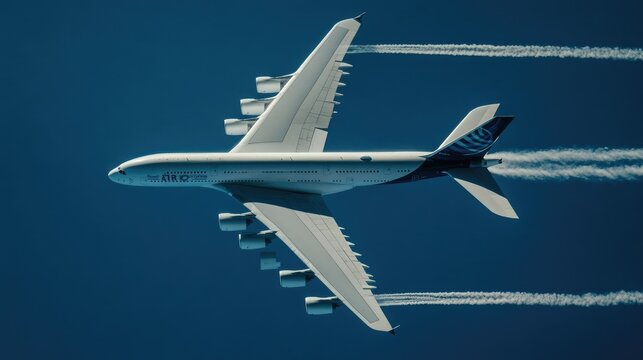 High-altitude jet plane leaving contrails across a bright blue sky, symbolizing travel and exploration