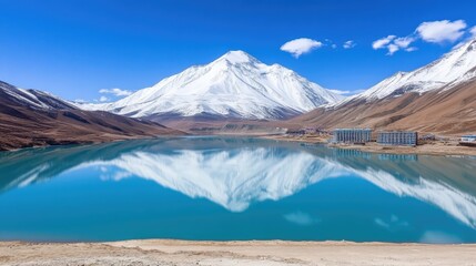 Naklejka premium High-altitude mountain lake surrounded by steep cliffs and alpine scenery, with crystal-clear waters