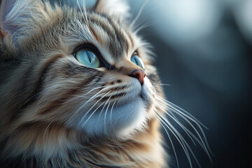 Feline Curiosity: A captivating close-up of a long-haired tabby cat with piercing green eyes, its gaze directed upwards, capturing a moment of quiet contemplation and inquisitive wonder.
