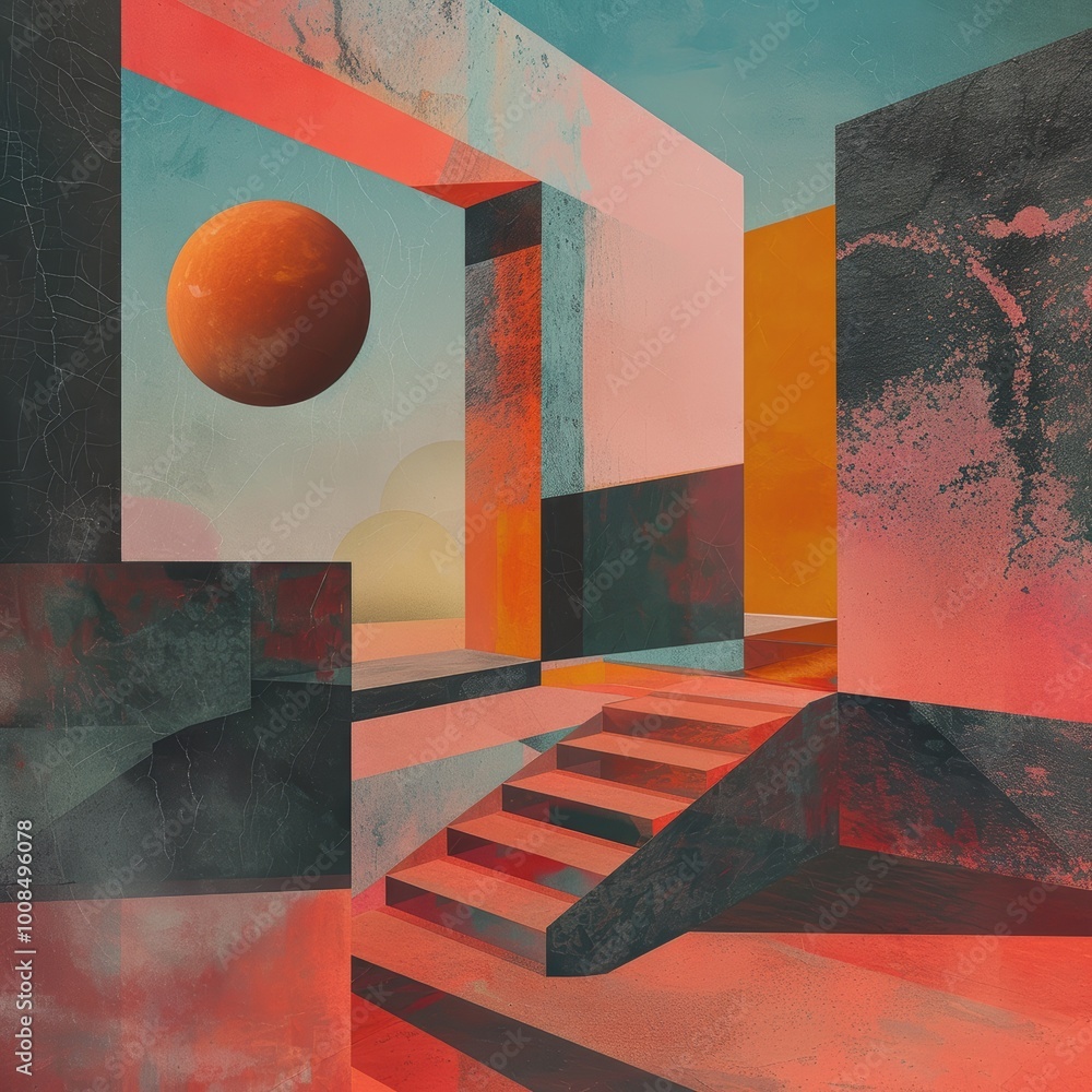 Poster surreal geometric shapes floating in a colorful void
