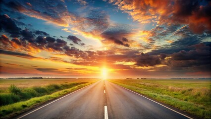 Naklejka premium Asphalt ribbon stretching towards a fiery horizon, painted with vibrant hues of orange and gold, a symphony of clouds dancing across the canvas of the sky.