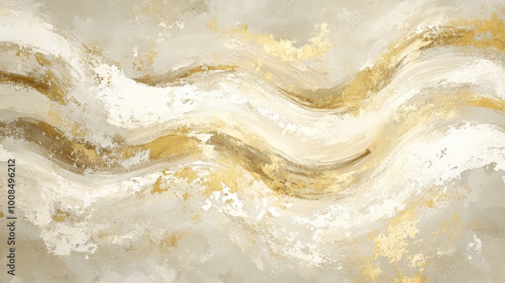Poster abstract forms in soft shades of cream and gold, swirling across the tiles in a painterly, textured 