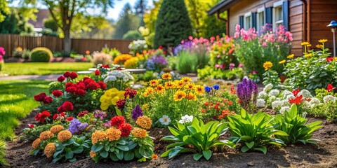 Obraz premium A vibrant tapestry of blossoms, a kaleidoscope of colors adorning a meticulously cultivated garden bed, bathed in the warm glow of sunlight.