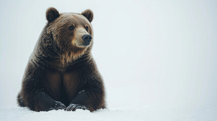 Obraz premium A large brown bear is sitting on snow, surrounded by a white background that emphasizes its fluffy fur and calm expression
