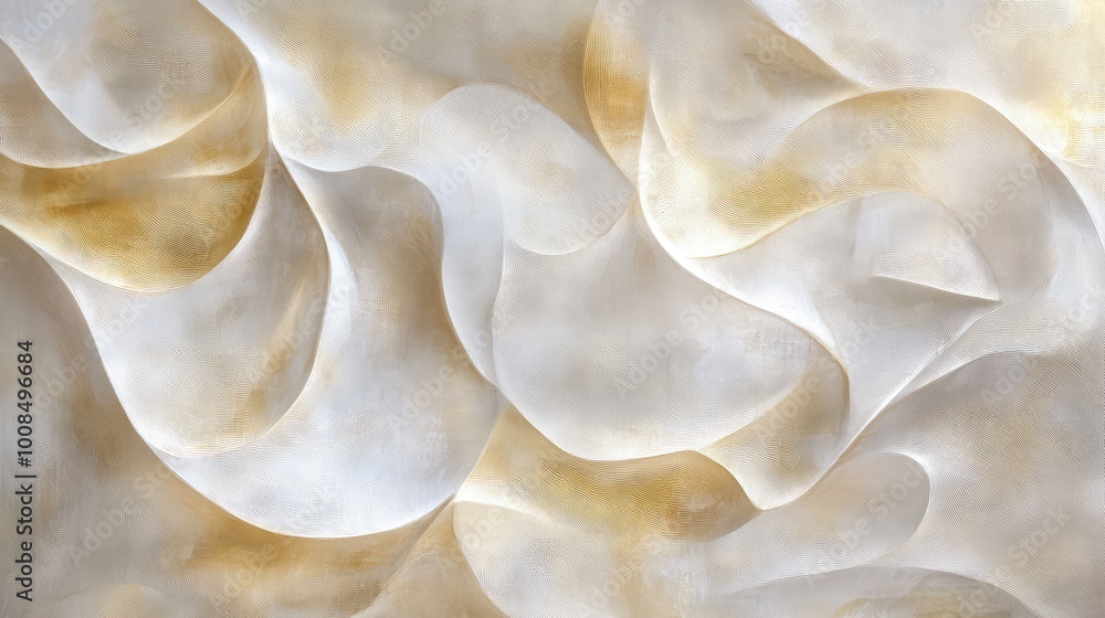 Poster abstract forms in soft shades of cream and gold, swirling across the tiles in a painterly, textured 