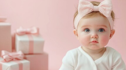 Joyful baby girl surrounded by colorful gift boxes on a soft pink background, celebrating a special occasion with a playful and cheerful atmosphere.