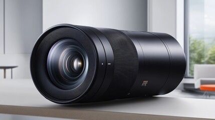High-resolution camera lens in close-up, with intricate details of the lens glass and aperture rings visible