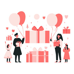 Flat illustration of people holding birthday gifts, balloons, and ribbons around them, with large gift boxes in the background