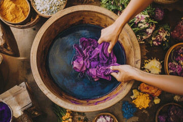 Hands of artisan dyeing fabric using natural plant-based dyes in wooden tub