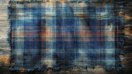 Distressed Tartan Plaid Texture on Rustic Wooden Background