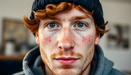A Caucasian man with curly red hair and freckles, wearing a beanie and a grey hoodie