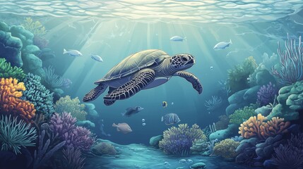 Obraz premium Sea turtle swimming through a coral reef with sunbeams.