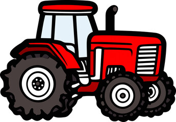 Obraz premium A simplified, stylized depiction of a red farm tractor with large black tires, Clip Art, no background, drawn in a style suitable for children