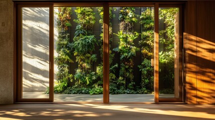 A sun-soaked atrium with a vertical garden visible through expansive sliding glass doors