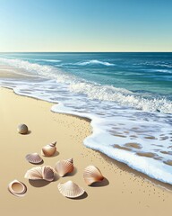 Obraz premium Seashells on the beach with a view of the blue ocean and foamy white waves on a sunny day.