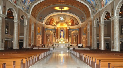 Obraz premium Inside a historic cathedral with high ceilings, stained glass windows, and ornate architectural details