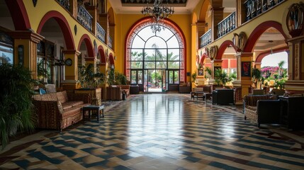 Inside a luxury hotel lobby with high ceilings, elegant chandeliers, and comfortable seating areas