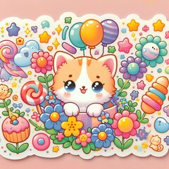 Fototapeta premium Colorful Celebration: A Cute Cartoon Cat Amidst Party Elements