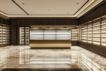 modern empty big refrigerator showcase in a dark brown and gold supermarket with elegant marble floor 