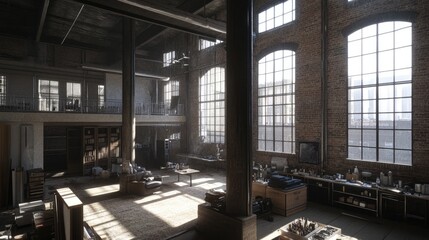 Inside a modern art studio with paint supplies, canvases, and natural light streaming through large windows