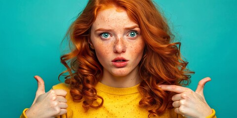 Fototapeta premium In a bright indoor studio, a confused young woman with ginger hair and freckles points at herself, channeling