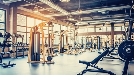 Fototapeta premium Inside a modern gym with state-of-the-art fitness equipment, large mirrors, and a bright, clean environment