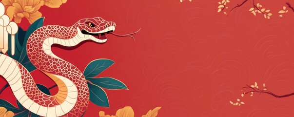 Fototapeta premium snake on red background in chinese style, suitable for banner, greeting card, background, website decoration