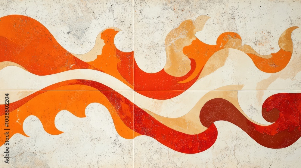 Poster abstract wave-like forms in bold orange and cream, sweeping across the tiles, giving a dynamic and e