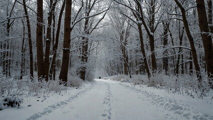 Fototapeta premium A snowy forest path, trees covered in snow, leading into a snowy woods.