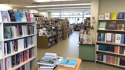 Inside a quaint bookstore with shelves packed with books, cozy reading corners, and soft lighting